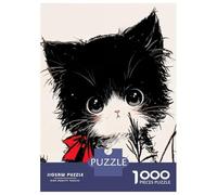 1000 Piece Jigsaw Puzzles for Teenagers Cute Black And White Neko Cat with Red Bow Teenager Puzzles Relaxing Games Hand Speed Race Help The Brain Exercise 38x26cm/1000pcs