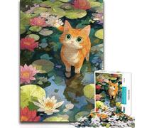 1000 Piece Jigsaw Puzzles for Teenagers Ginger Cat in Lily Pond Brainteaser Family Games Home Decoration Secret Santa Gifts (38x26cm)
