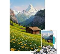 1000 Piece Jigsaw Puzzles for Teenagers Jigsaw Alpine Meadow with Chalet And Mountains Jigsaw for Adults Relax Games Improve Memory Stress Reduction Gifts (Size 38x52cm)