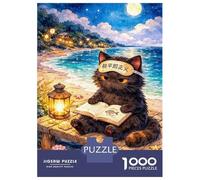 1000 Piece Jigsaw Puzzles for Teenagers Jigsaw Black Cat Reading on A Beach at Night Teenager Puzzles Fun Games A Work of Art for Birthday, Chrismas 70x50cm/1000pcs