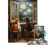 1000 Piece Jigsaw Puzzles for Teenagers Jigsaw Cats Couple Watching Starry Night Puzzle for Adults Toy Wall Decor Improve Memory Stress Reduction Gifts (Size 38x52cm)