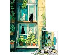 1000 Piece Jigsaw Puzzles for Teenagers Jigsaw Cats in Window with Plants Difficult And Challenge A Work of Art Fun Games Suitable for People Aged 14 And Above (38X26cm)