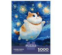 1000 Piece Jigsaw Puzzles for Teenagers Jigsaw Chubby Cat in Starry Night Painting Teenager Puzzles Fun Games A Work of Art for Birthday, Chrismas 38x26cm/1000pcs