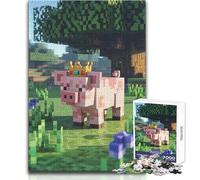 1000 Piece Jigsaw Puzzles for Teenagers Jigsaw Minecraft Pig with Crown in Meadow Beautiful Design Game Difficult Hard Art Work Gift Size 50x75cm