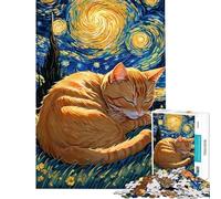 1000 Piece Jigsaw Puzzles for Teenagers Jigsaw Orange Tabby Cat Sleeping in Starry Night Jigsaw for Adults Relax Games Improve Memory Stress Reduction Gifts (Size 75x50cm)