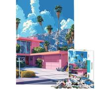 1000 Piece Jigsaw Puzzles for Teenagers Jigsaw Pink House Palm Springs Style Fun at Home Activities, Tough Challenge Hands-on Game for And 14 Years And over (38x52cm)