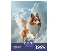 1000 Piece Jigsaw Puzzles for Teenagers Jigsaw Winged Sheltie Dog Flying in Clouds Shetland Sheepdog Pet Loss Wall Art Adult Puzzles Toy Wall Decor Presents for Women Unique Birthday And Gifts 52x38c