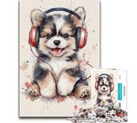 1000 Piece Jigsaw Puzzles for Teenagers Puppy with Headphones Teenager Jigsaw,Relax Games Is Ideal As A Gift for The Whole Family 26x38cm