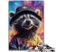 1000 Piece Jigsaw Puzzles for Teenagers Raccoon Wearing A Hat Challenging To Complete But Fun And Humorous with Matching Poster And Trivia Sheet 50x75cm