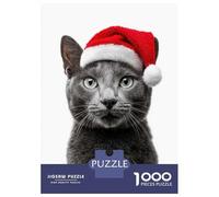 1000 Piece Jigsaw Puzzles for Teenagers Russian Blue Cat with Santa Hat Teenager Puzzles Relaxing Games Hand Speed Race Help The Brain Exercise 70x50cm/1000pcs