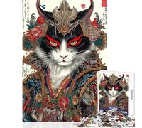 1000 Piece Jigsaw Puzzles for Teenagers Samurai Cat Portrait in Ukiyo-e Style Happy Shared Home Activity Thoughtful Festive Present Choice (38x52cm)