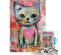 1000 Piece Jigsaw Puzzles for Teenagers Valentine Cat with Loving Heart Mixed Media 1000 Jigsaw Puzzle Home Decoration Toys Stress Reliever for Is Ideal As A Gifts (38x26cm)