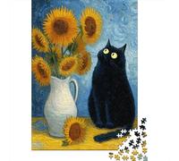 1000 Piece Jigsaw Puzzles for Teenagers Vincent's Sunflowers with Black Cat Jigsaw for Adults DIY Toys Pattern Assembly Help The Brain Exercise 52x38cm/1000pcs