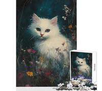 1000 Piece Jigsaw Puzzles for Teenagers White Kitten in Flowers DIY Toys Art Work Gift Educational Game Artists Collection, Fine Art (Size 50x75cm)