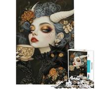 1000 Piece Jigsaw Puzzles for Teenagers Witchcore Tea Time with Black Cat Familiar Teenager Puzzles Family Game Wall Decoration for Birthday, Chrismas (Size 38x26cm)