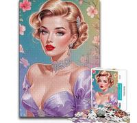 1000 Piece Jigsaw Puzzles Glamorous Blonde Pin-Up in Purple Dress Floral Wall Art Art Work Gift Suitable for People Aged 14 And Above 50x75cm