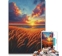 1000 Piece Jigsaw Puzzles Golden Field at Sunset by The Sea Wall Art Art Work Gift Suitable for People Aged 14 And Above 38x52cm
