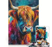 1000 Piece Jigsaw Puzzles Highland Cow Oil Effect Impossible Game Precision Cutting with Fully Interlocking Randomly Shaped Pieces 38x26cm