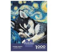 1000 Piece Jigsaw Puzzles- Husky Puppy Starry Night Jigsaws for Adults DIY Toys Perfect Decoration Deal As Gifts for The Whole Family 70x50cm/1000pcs