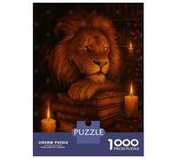 1000 Piece Jigsaw Puzzles- Lion Sleeping on Books with Candles Teenager Puzzles Brain Teaser Game Stress Reliever Deal As Gifts for The Whole Family 38x26cm/1000pcs