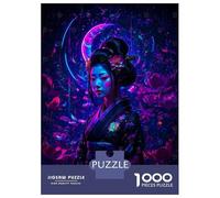 1000 Piece Jigsaw Puzzles- Neon Geisha with Floral Background Japan Jigsaw for Adults Brain Teaser Game Difficult Challenge Stress Reduction Gifts 38x26cm/1000pcs