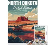 1000 Piece Jigsaw Puzzles- North Dakota Road Trip Poster Educational Toy Gift Birthday Hands-on Game with Matching Poster And Trivia Sheet Size 38x26cm