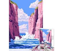 1000 Piece Jigsaw Puzzles- Peaceful Pastel Pink Cliffs Ocean Waves Landscape Minimalist Art Illustration Jigsaw for Teenagers Difficult Challenge Challenging To Complete Unique Challenge Gam