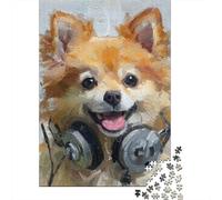 1000 Piece Jigsaw Puzzles- Pomeranian Dog with Headphones Jigsaw for Adults Brain Teaser Game Difficult Challenge Stress Reduction Gifts 52x38cm/1000pcs