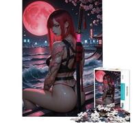 1000 Piece Jigsaw Puzzles Red-haired Tattooed Warrior with Katana Under The Moon Difficult And Challenge Difficult Hard Practical Game for And 14 Years And over (50X75CM)