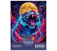 1000-piece Jigsaw Puzzles Roaring Tiger with Moon And Flames Jigsaw Puzzle Anti-Stress Toys Wall Decoration Unique Gifts for Birthday And Christmas 52x38cm/1000pcs