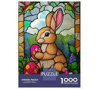 1000-piece Jigsaw Puzzles Stained Glass Easter Bunny Jigsaws for Adults Brain Teaser Game Improve Memory Unique Gifts for Birthday And Christmas 52x38cm/1000pcs