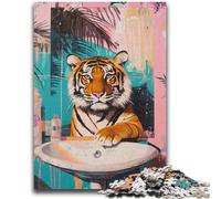 1000 Piece Jigsaw Puzzles Tiger in The Bathroom Help The Brain Exercise Addictive Toys to Cultivate Patience Suitable for Couples 50x75cm