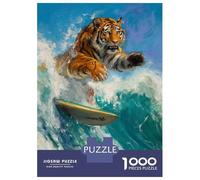 1000-piece Jigsaw Puzzles Tiger Surfer Surfing Waves Jigsaws for Adults Brain Teaser Game Improve Memory Unique Gifts for Birthday And Christmas 52x38cm/1000pcs