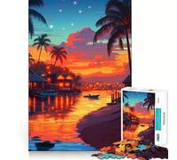 1000 Piece Jigsaw Puzzles Tropical Sunset Village Accurate Cut Fun Mental Challenge Toy Rest Time Game Birthday Art Play (38x52cm)