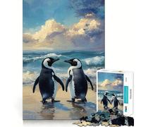 1000 Piece Jigsaw Puzzles Two Penguins on A Beach Painting Accurate Cut Fun Mental Challenge Toy Rest Time Game Birthday Art Play (50x75cm)