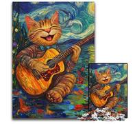1000 Piece Jigsaw Puzzles Van Gogh Night Sky Cat Playing Guitar Wooden Jigsaw Puzzles DIY Decoration, Brain Challenge, for Adult, Family, 50X75CM