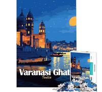 1000 Piece Jigsaw Puzzles Varanasi Ghats India Night Illustration for Educational Game Challenge Toy Brain Teaser Game Perfect Decoration Gifts for Women Men (Size 38x52cm)