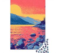 1000 Piece Jigsaw, Stone House Lake Sunset Minimalist Abstract Art Illustration, 70x50cm/1000pcs
