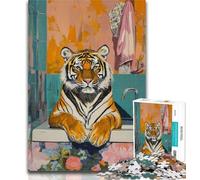 1000 Piece Jigsaw Tiger in The Bathroom Adult Jigsaws 1000 Piece,Toys Educational Games Stress Relieving Artists Collection, Fine Art 50x75cm