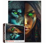 1000 Piece Jigsaw Tribal Woman Green Eyes Angry Wolf Split Portrait Dark Fantasy Art 27x20 Inch Adult Puzzle with Detailed Background