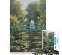 1000 Piece Jigsaws Cat on Monet's Bridge Painting Ideal Cut Decor Cognitive Play Gift Easy Time Play Birthday Game Gift (38x52cm)