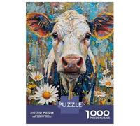1000 Piece Jigsaws Cow Painting Daisy Flowers Puzzle for Adults Toy Wall Decor Difficult Challenge Deal As Gifts for The Whole Family 70x50cm/1000pcs