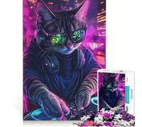 1000 Piece Jigsaws DJ Cat in Neon City DIY Toys Difficult Challenge with Fully Interlocking Randomly Shaped Pieces 38x26cm