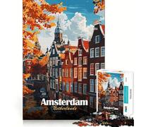 1000 Piece Jigsaws for Adults Amsterdam Netherlands Autumn Cityscape Illustration Fine Edge Craft Thinking Fun Game Relax Game Play Birthday Hobby Gift (38x52cm)