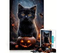 1000 Piece Jigsaws for Adults Black Cat on Jack-o'-Lantern Neat Fit Decor, Cognitive Fun Play, Peace Game Play, Birthday Activity (38x52cm)