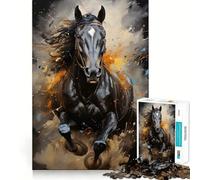 1000 Piece Jigsaws for Adults Black Horse Galloping Neat Fit Decor, Cognitive Fun Play, Peace Game Play, Birthday Activity (38x26cm)