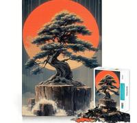 1000 Piece Jigsaws for Adults Bonsai Tree Under Red Moon Japanese Landscape Neat Fit Decor, Cognitive Fun Play, Peace Game Play, Birthday Activity (38x52cm)