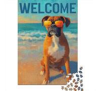 1000 Piece Jigsaws for Adults Boxer Dog Beach Welcome Sign Puzzles for Adults Relax Games Difficult Challenge Birthday Present, Gifts, 38x26cm/1000pcs