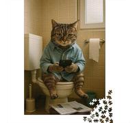 1000 Piece Jigsaws for Adults Cat on Toilet Reading Phone Puzzles for Adults Relax Games Difficult Challenge Birthday Present, Gifts, 52x38cm/1000pcs