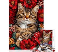 1000 Piece Jigsaws for Adults Cat Portrait Surrounded by Red Flowers Educational Game For Family Fun Educational Toy Improving Love between Couples (50X75cm)